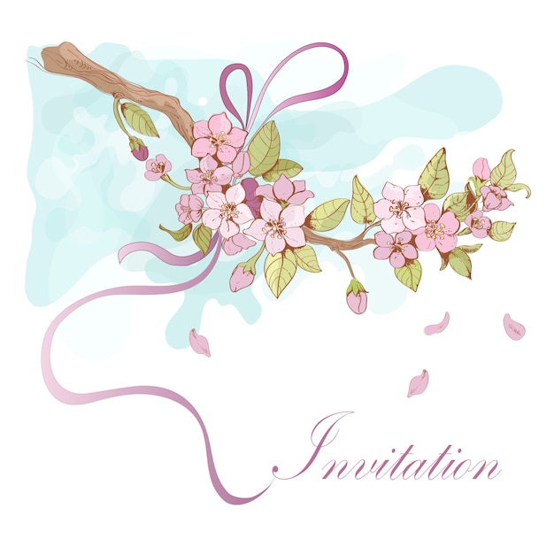 Vettore gratuito illustrazione di ciliegio sakura con parola di invito
