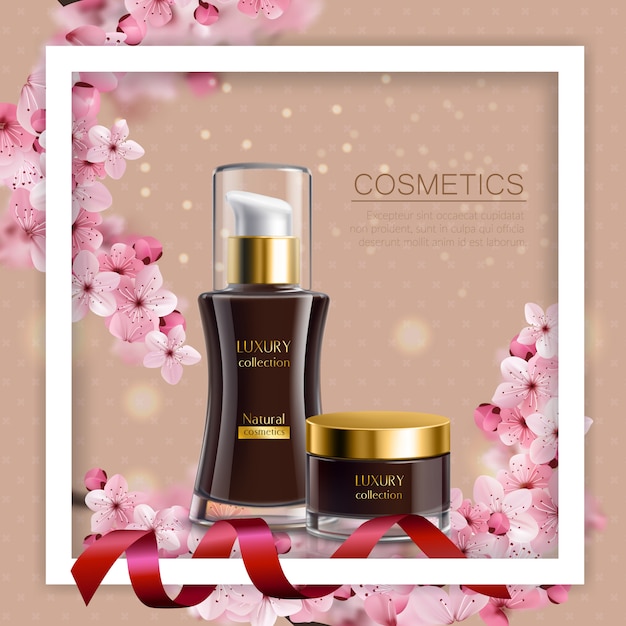 Sakura composizione colorata cornice bianca e realistici vasetti neri con crema cosmetica