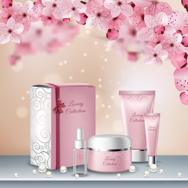 Sakura colored poster or advertising flyer with pink bottles of cosmetics for beauty procedures