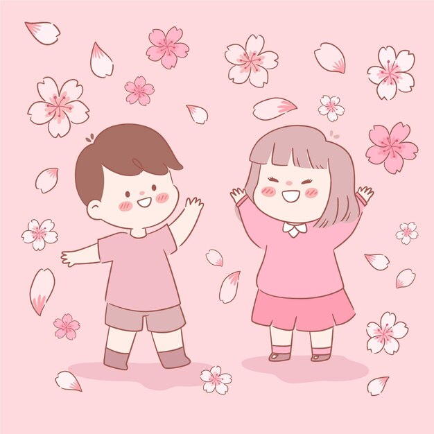 Sakura flowers and children illustration