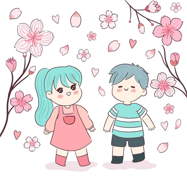 Sakura flowers and kids illustration