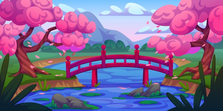無料Vector 桜の庭と湖の木の橋