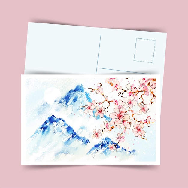 Sakura and mountains japanese postcard