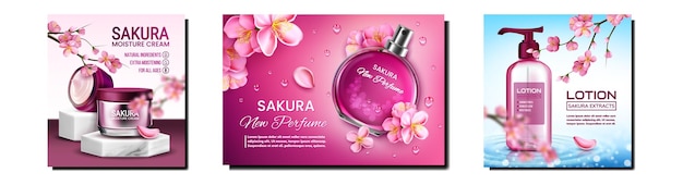 Sakura natural cosmetics promo posters set vector Бесплатные векторы