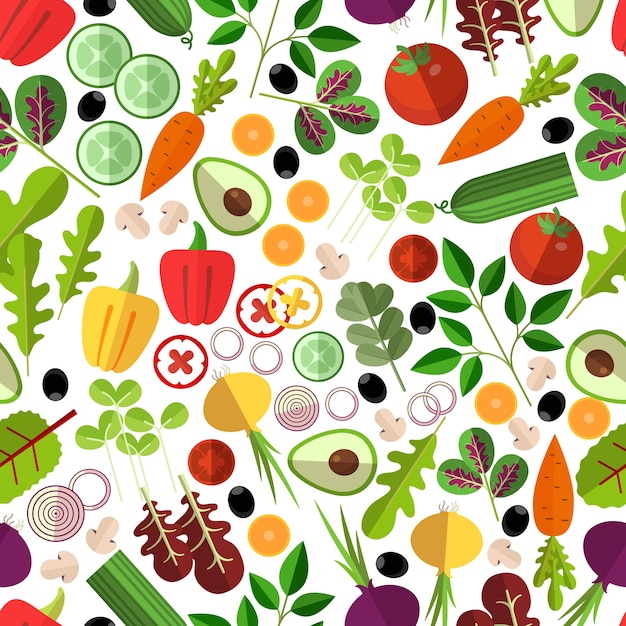 Free vector salad ingredients seamless pattern. vegetable mushrooms and avocado, onion and carrot, cucumber and pepper,