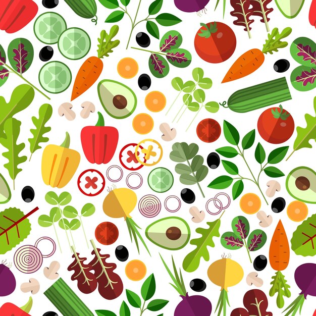 サラダの材料のシームレスなパターン。野菜のキノコとアボカド、タマネギとニンジン、キュウリとコショウ、