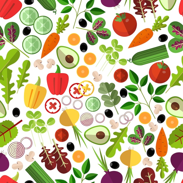 Салат ингредиенты бесшовные модели. Овощные грибы и авокадо, лук и морковь, огурец и перец,
