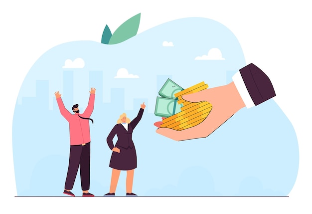 Salary offer from hand of employer to happy employees. Tiny rich corporate people enjoy money, profit growth and bonuses flat vector illustration. Incentive to work, satisfaction, investment concept