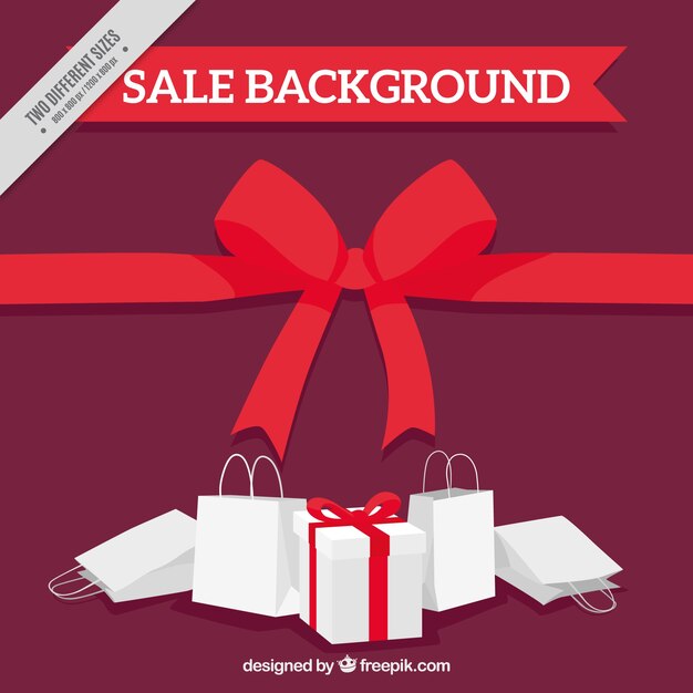 Free vector sale background with red ribbons and white bags