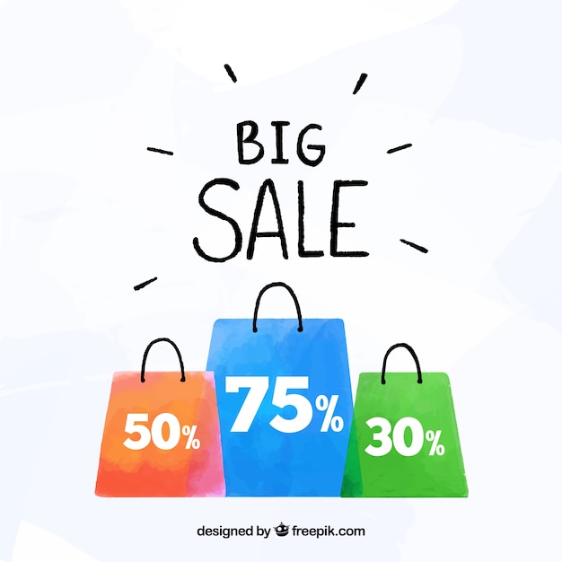 Sale background with shopping bags in watercolor style