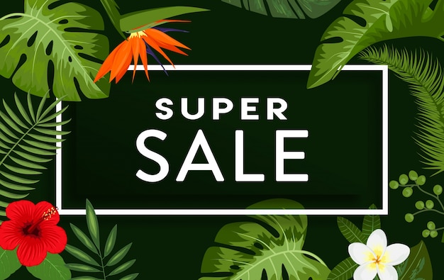 Vettore gratuito design super sale background con foglie e fiori tropicali