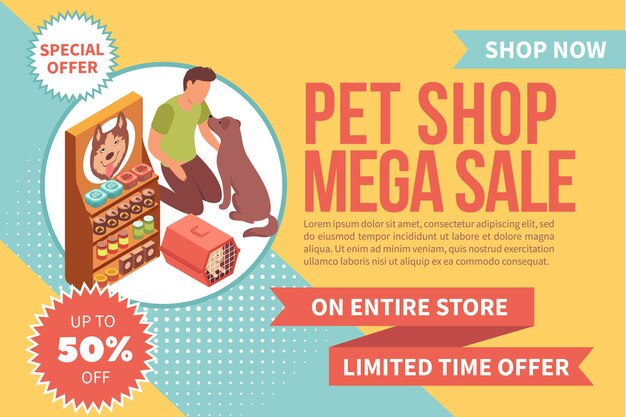 Sale banner pet shop isometric with man feeding dog near dog food rack with text