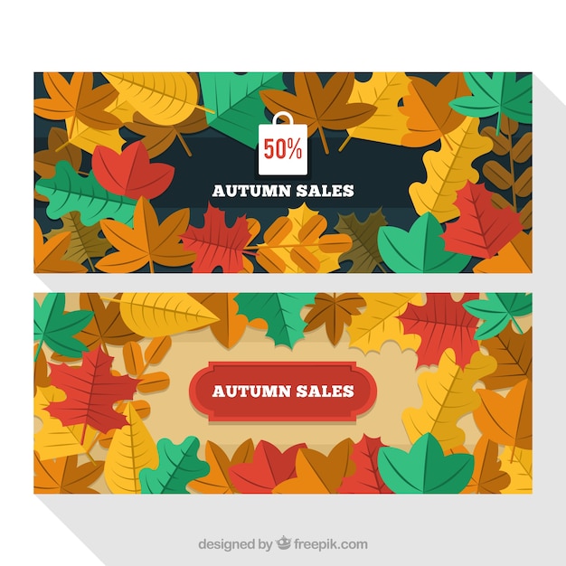 Sale banners of colored autumn leaves