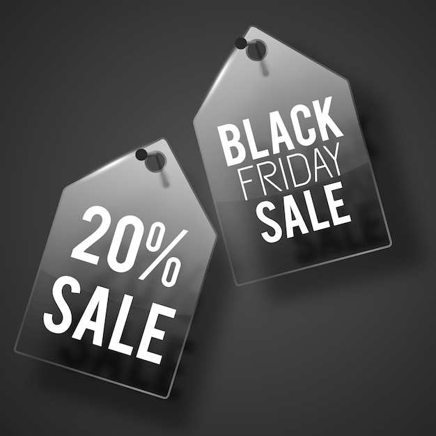 Free vector sale black tag set hanging on the dark gray wall with headlines on each