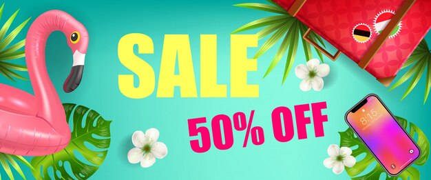 Sale, fifty percent off discount banner design with palm leaves, smartphone