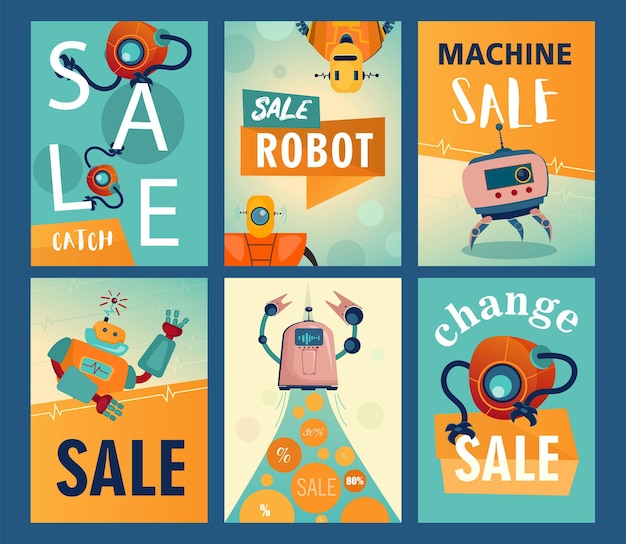 Free vector sale flyers set with cartoon robots. machines, cyborgs, electronic assistants illustrations with text