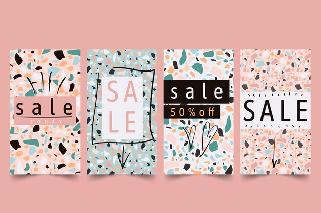 Sale instagram stories collection in terrazzo and drawing style theme