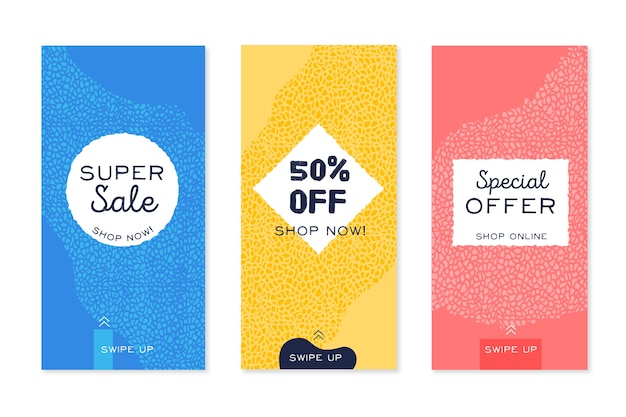 Free vector sale instagram stories pack in terrazzo and hand drawn style
