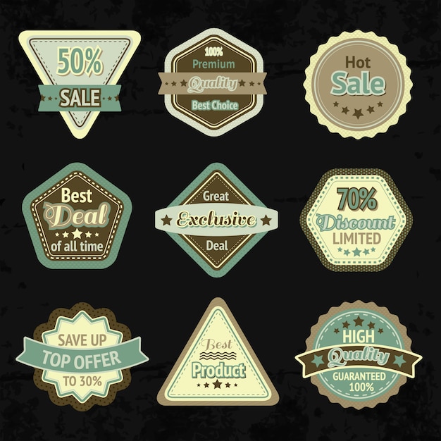 Бесплатное векторное изображение Продажа этикетки и значки дизайн набор по лучшей цене, высокое качество и эксклюзивные сделки изолированы