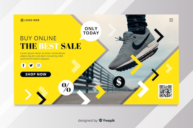 Free vector sale landing page template with photo