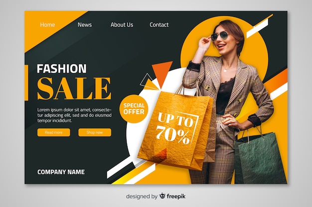 Free vector sale landing page template with photo