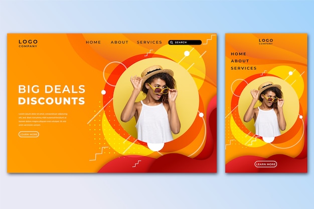 Free vector sale landing page template with photo