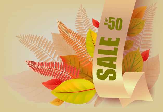 Free vector sale, minus fifty percent lettering, yellow and orange leaves.