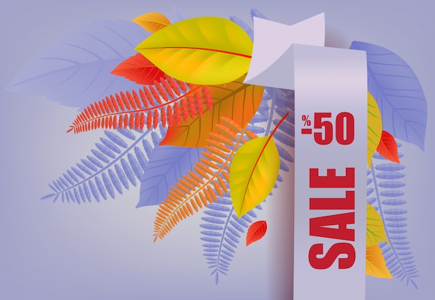 Free vector sale, minus fifty percent lettering, yellow and purple leaves.