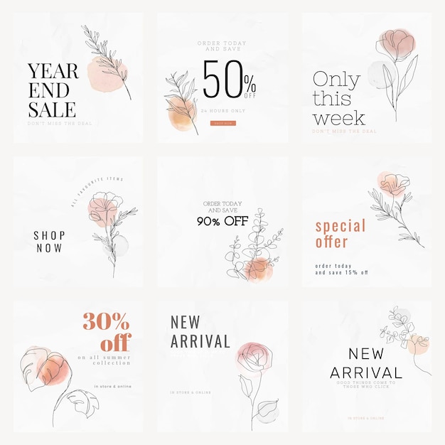 Sale templates vector for year end sale minimal style social media ad set