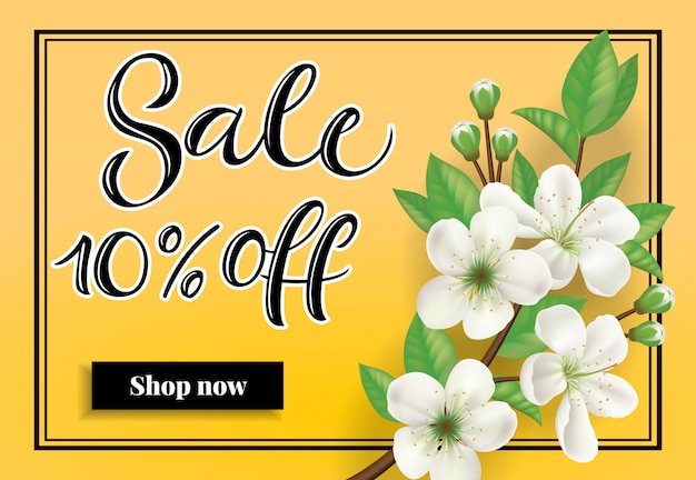 Free vector sale ten percent off shop now lettering. springtime inscription with apple blossom twig