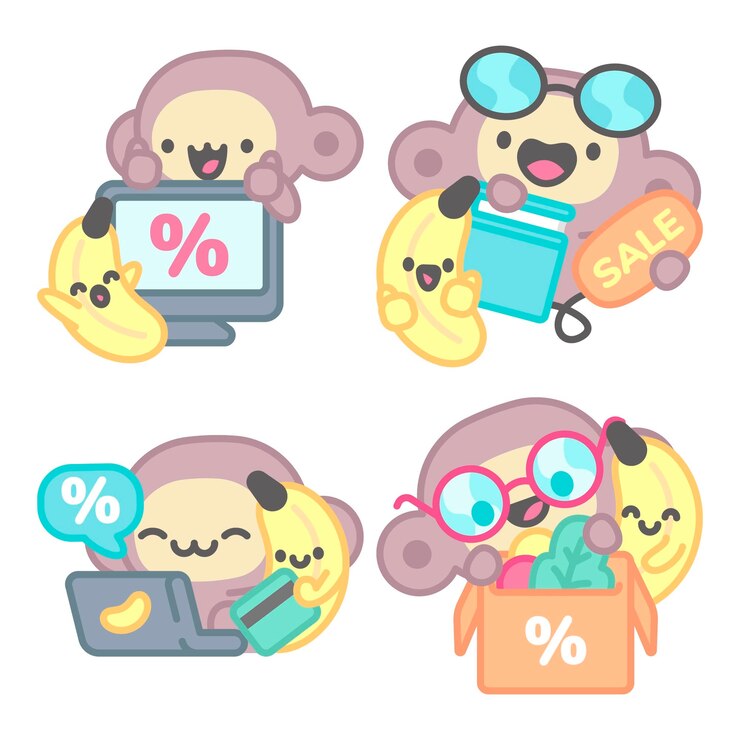 무료 Vector 원숭이와 바나나 판매 스티커 컬렉션