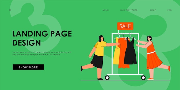 Salesgirls pushing clothes rail with dresses landing page template