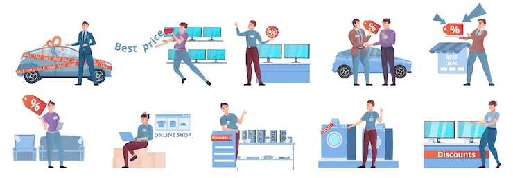Free Vector salesman flat compositions set