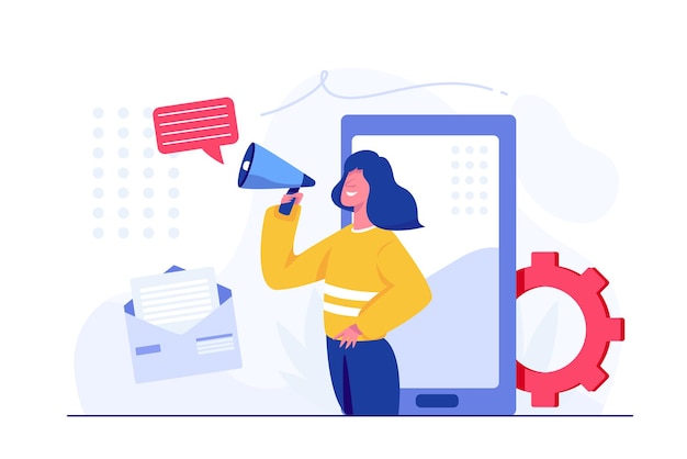 A salesperson holds a megaphone in hand and announces a promotional sale to invite customers to buy an announcement. Template for retail promotion and announcement. super sale vector illustration