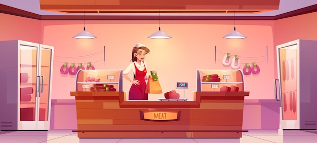 Free vector saleswoman at meat shop desk, girl in uniform holding paper bag at butchery store interior with farm production on showcase and scales. fresh farmer meaty products stall, cartoon vector illustration