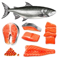Бесплатное векторное изображение Сырой стейк из лосося рыбы и набор иконок икры, изолированные на белом