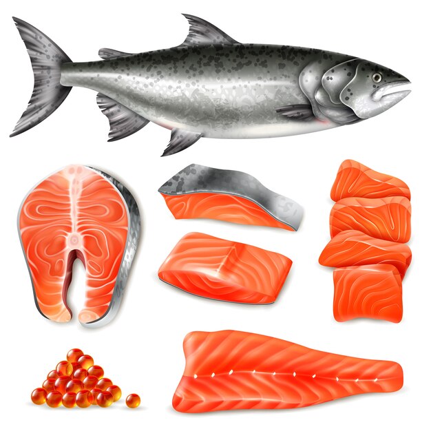 Salmon fish raw steaks and caviar icons set isolated on white