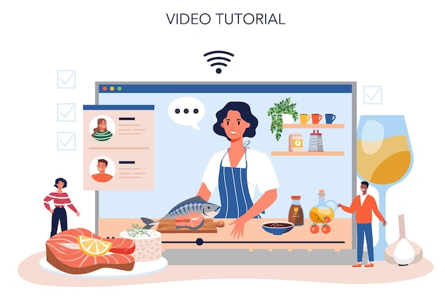 サーモンステーキオンラインサービスまたはプラットフォームシェフがプレート上でグリルした魚のステーキをレモンで調理ディナーまたはランチにおいしい魚の切り身オンラインビデオチュートリアル孤立したベクトル図
