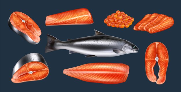 リアルな詳細な3d生鮭スライスベクトルリアルな孤立したイラスト 新鮮な魚のシーフードの切り身 マスの新鮮なステーキまたは赤い魚 プレミアムベクター