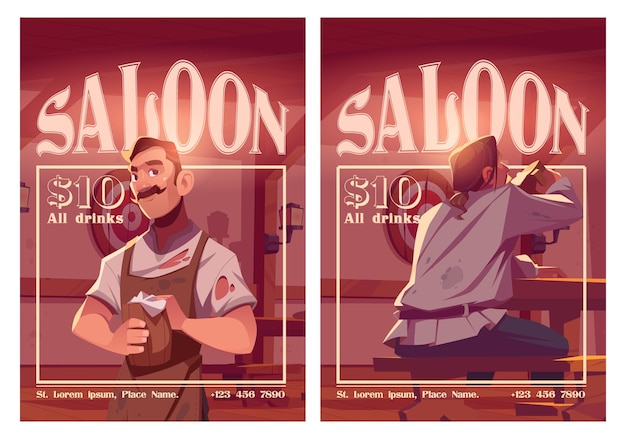 Free vector saloon cartoon ad posters old style tavern with barista holding wooden tankard and visitor dining invitation to retro beer pub antique bar with desk benches and tables flyer with price