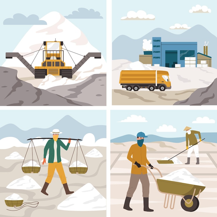 Free Vector salt production harvesting and collecting 2x2 flat set with machinery and people isolated vector illustration