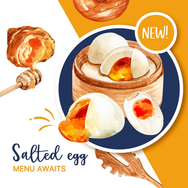 Salted egg banner design with croissant, donut watercolor illustration.