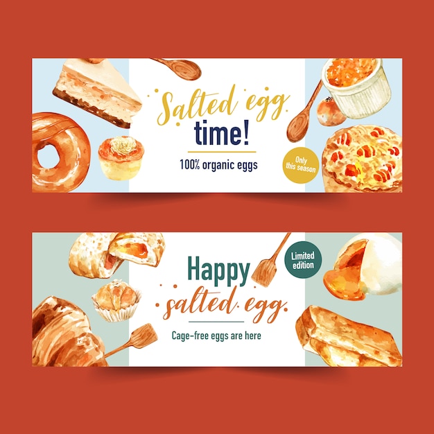 Salted egg banner design with spoon, cheese cake, bread  watercolor illustration.