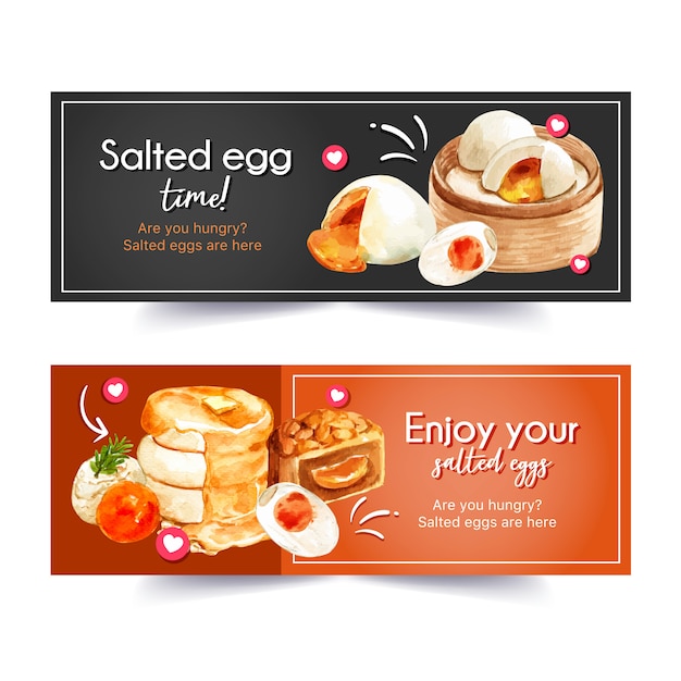 Salted egg banner design with steamed stuff bun, pancake watercolor illustration.