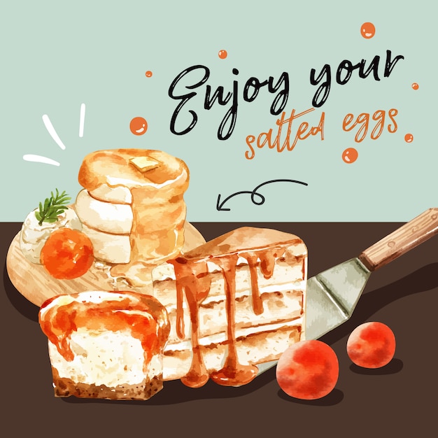 Free vector salted egg design with pancake watercolor illustration.