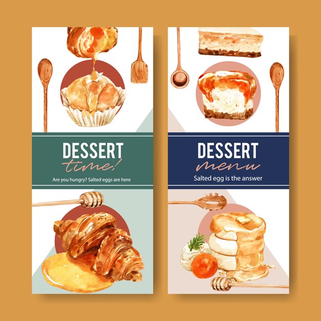 Salted egg flyer design with cupcake, croissant watercolor illustration.