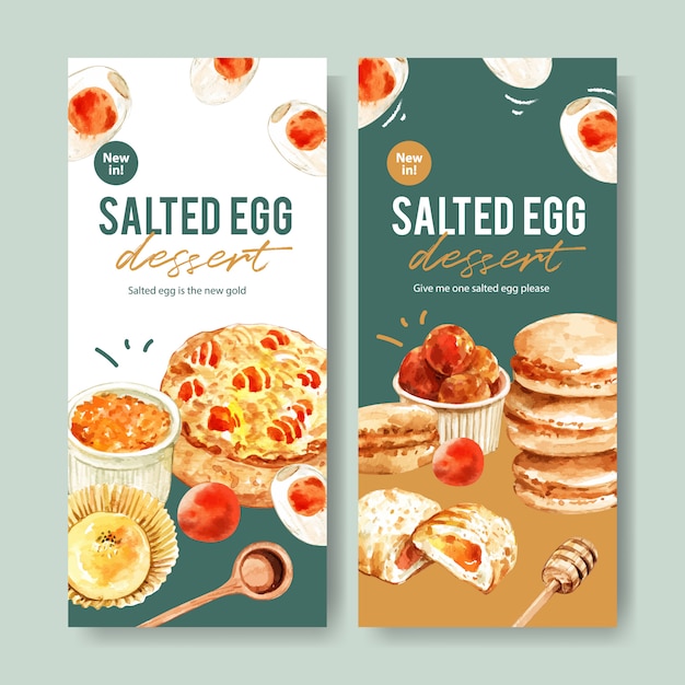 Vector Templates: Salted Egg Flyer Design with Cupcake, Macarons, Stuffed Bun Watercolor Illustration – Free Vector Download