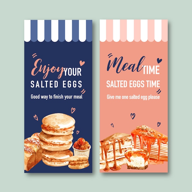 Free vector salted egg flyer design with macarons, bread, crepe cake watercolor illustration.