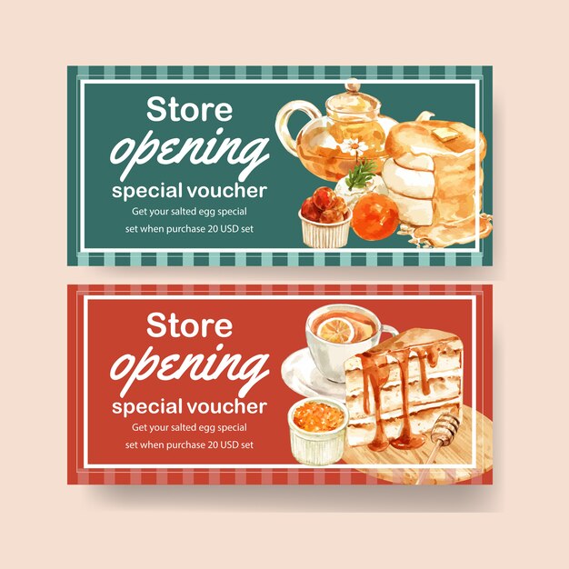 Salted egg voucher design with tea, pancake watercolor illustration.