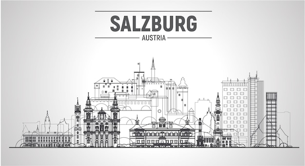 Vettore gratuito illustrazione vettoriale della linea della città di salisburgo austria concetto di viaggio e turismo d'affari con edifici moderni immagine per banner o sito web